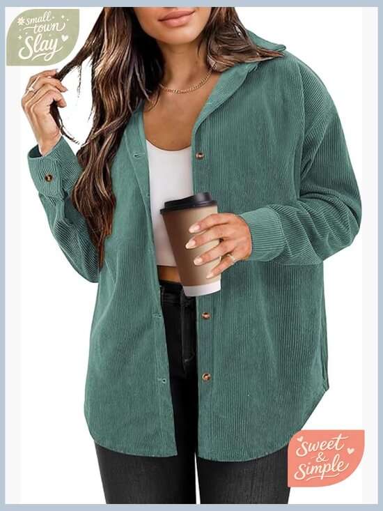 Tops - Oversized Corduroy Button Down Shirt Long Sleeve Boyfriend Fit Blouse Top
